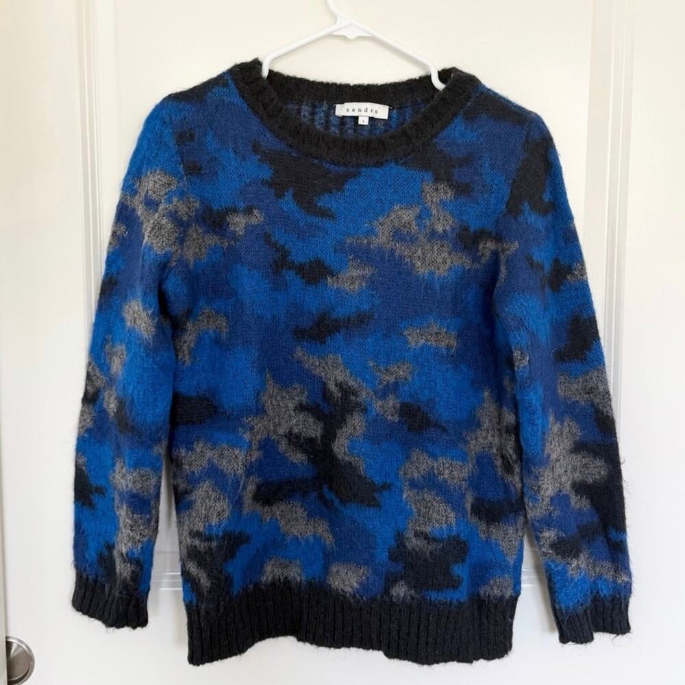 Sandro Mohair Camo Crewneck Sweater Blue Black 1 Small